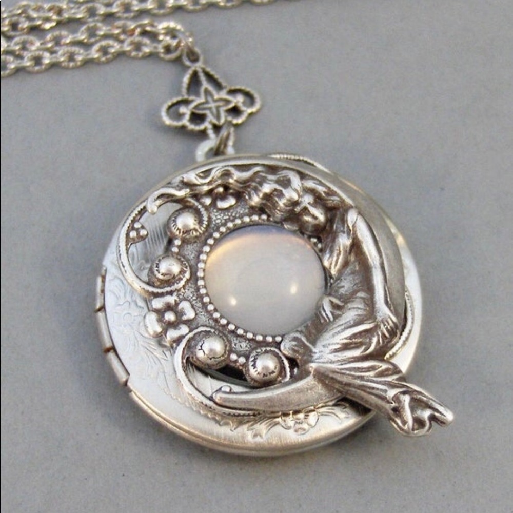 Moonstone Locket Necklace Vintage Goddess Opal